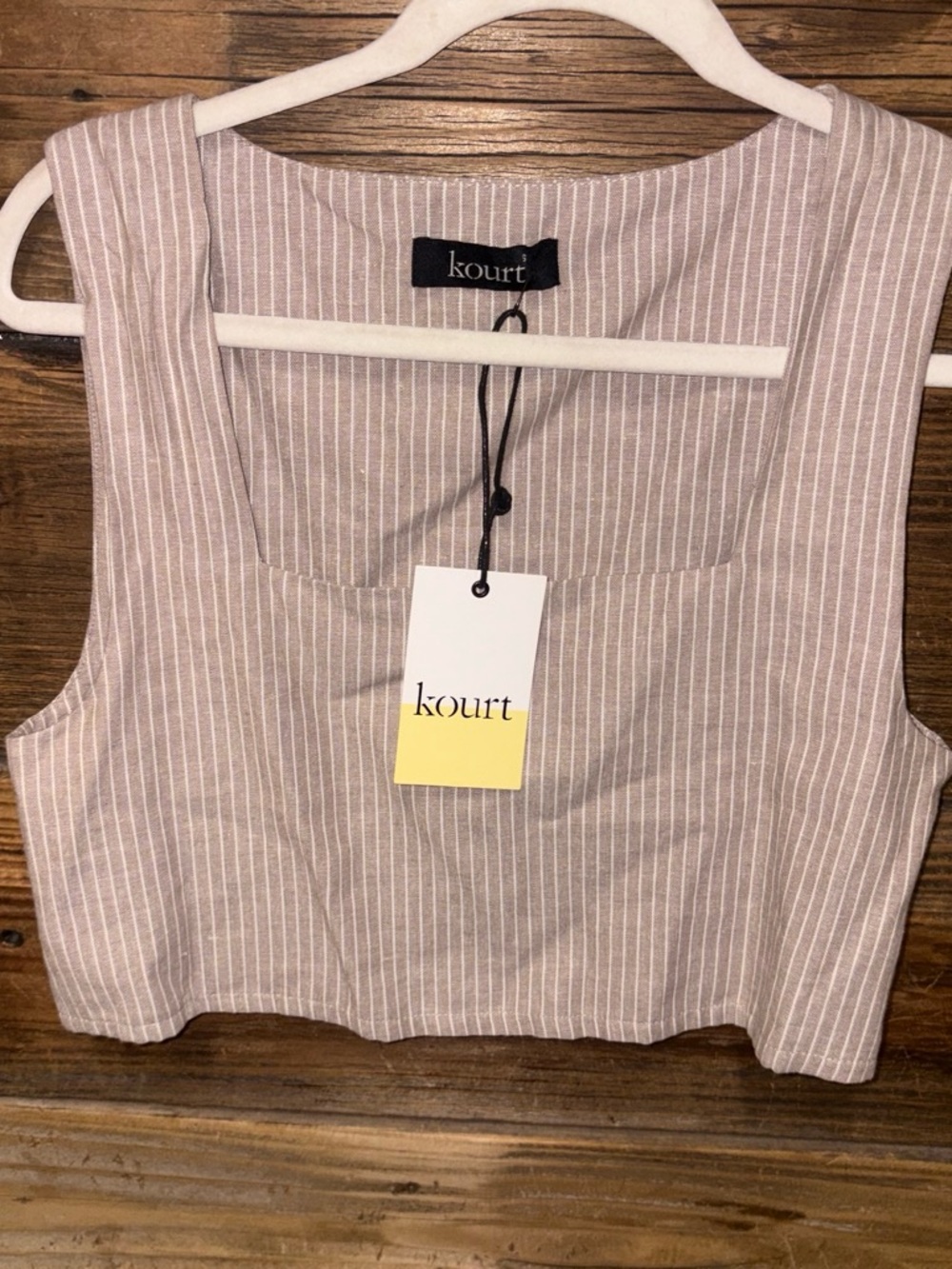 Kourt Women's Beige Pinstripe Linen Cropped Tank Top